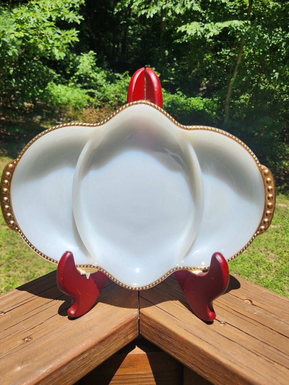 Anchor Hocking Fire King Milk Glass Divided Dish With Gold Trim